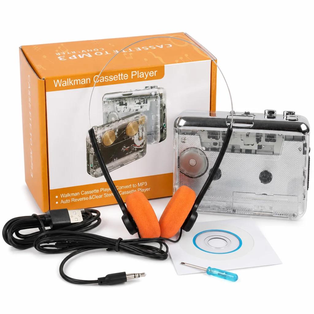 Transparante draagbare cassettespeler met USB C en MP3 conversie