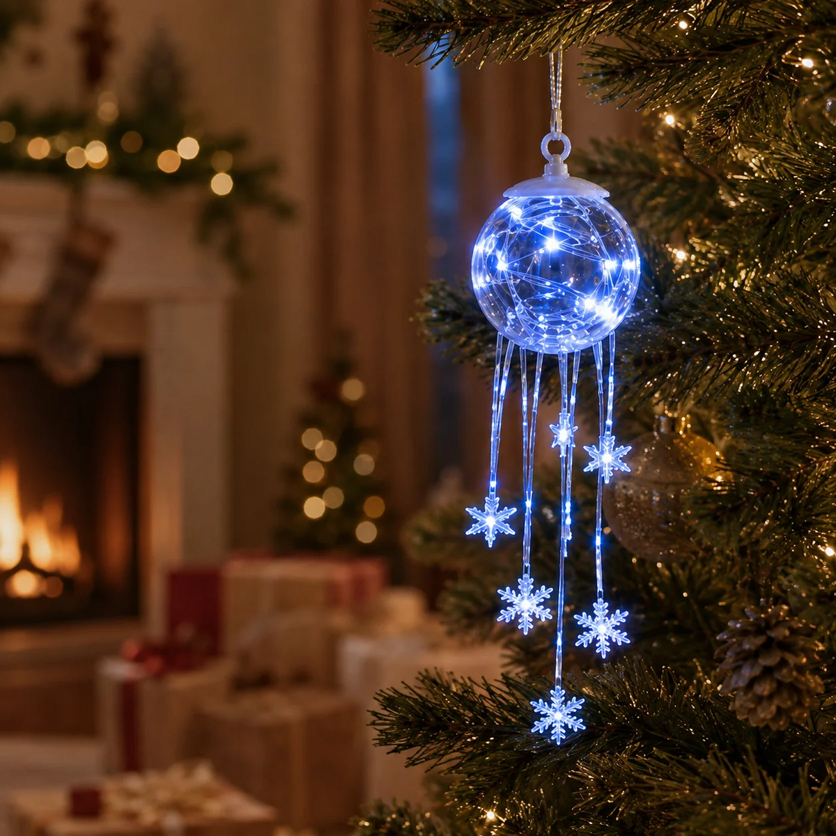 LED kerstbal met hangende sneeuwvlokken