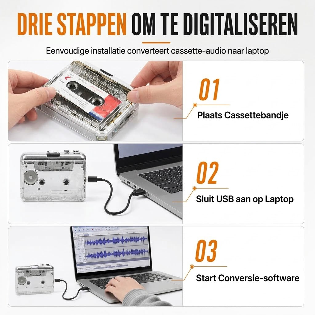 Transparante draagbare cassettespeler met USB C en MP3 conversie