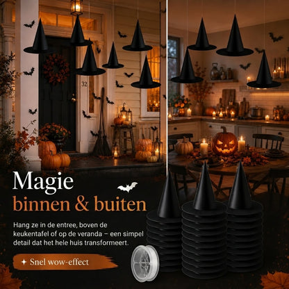 Zwevende heksenhoeden voor Halloween decoratie