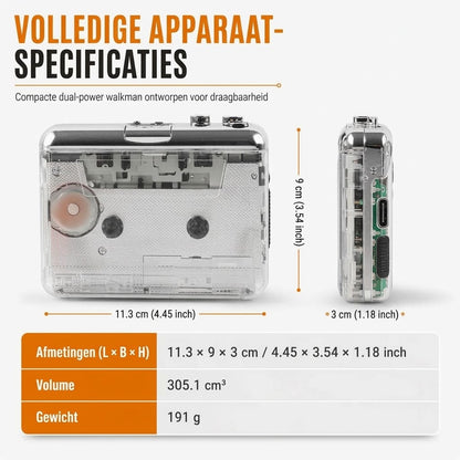 Transparante draagbare cassettespeler met USB C en MP3 conversie