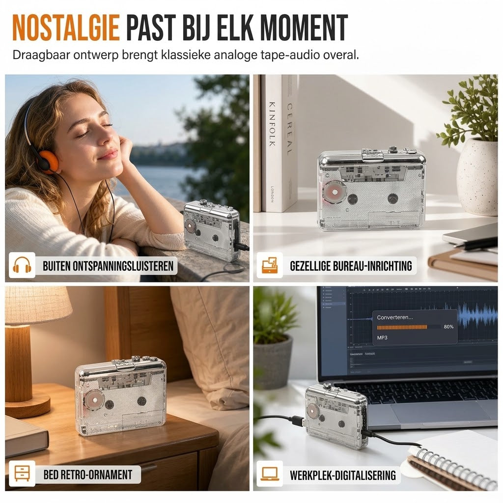 Transparante draagbare cassettespeler met USB C en MP3 conversie