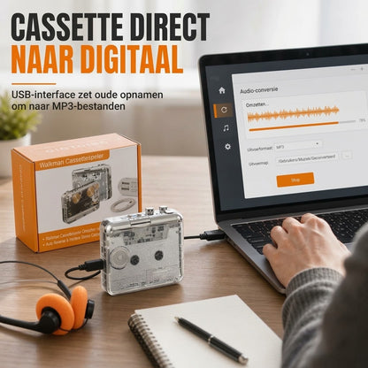 Transparante draagbare cassettespeler met USB C en MP3 conversie