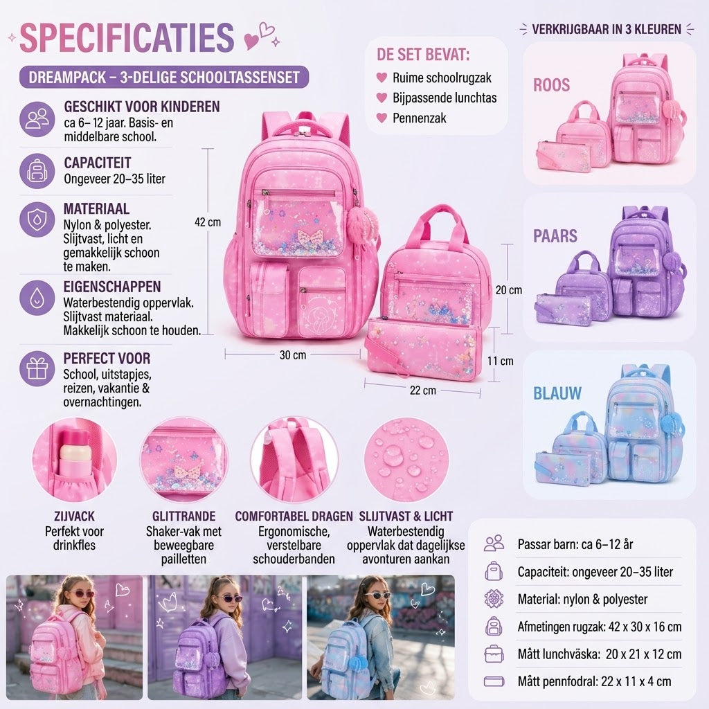 DreamPack 3 delige schoolset met glinsterende details