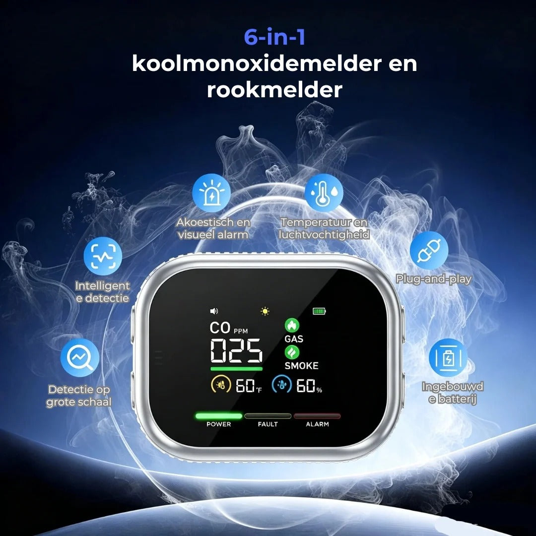 6 in 1 slimme veiligheidsdetector voor CO gas en rook
