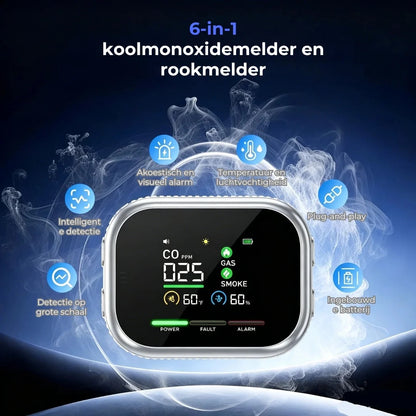 6 in 1 slimme veiligheidsdetector voor CO gas en rook
