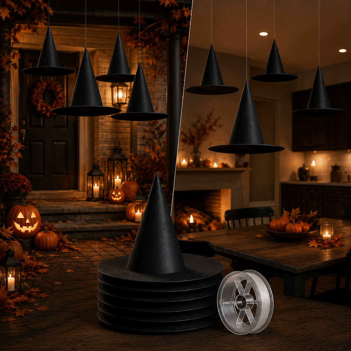 Zwevende heksenhoeden voor Halloween decoratie
